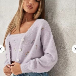Missguided Fluffy Embroidered Tank & Cardigan Set